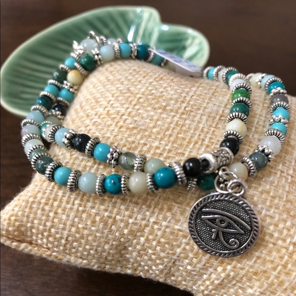 Evil Eye Protection Genuine Gemstone 2pc Bracelet - Picture 2 of 4